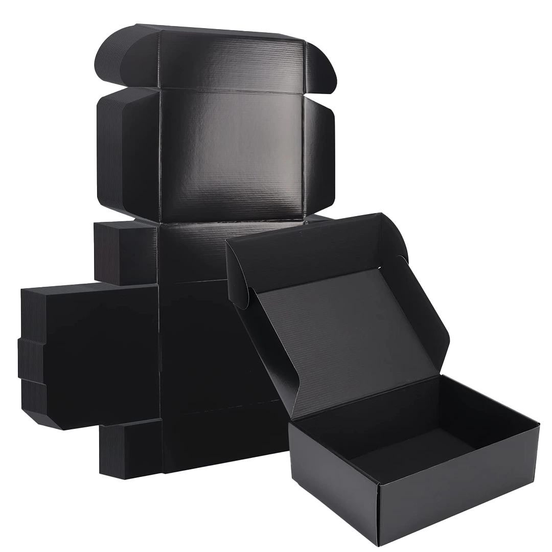 black cardboard boxes with lids