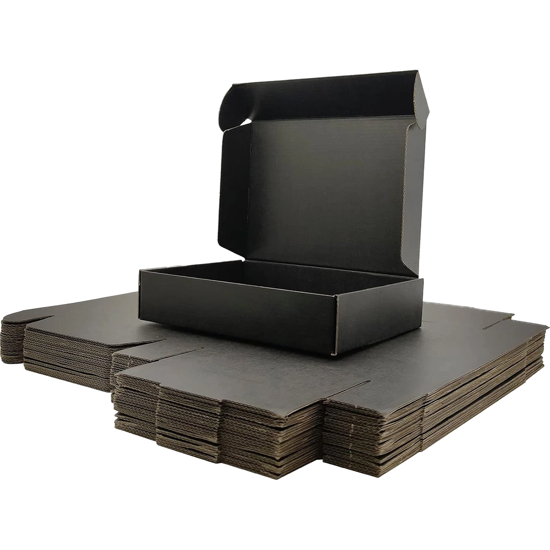 black corrugated shipping boxes
